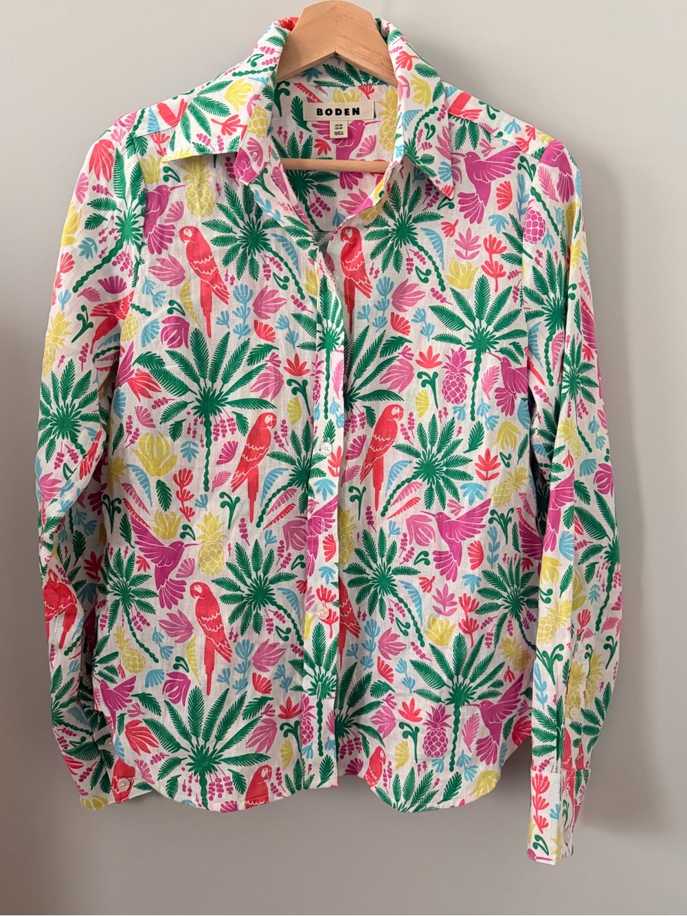 Boden Linen Blend Shirt Tropical Parrot Palm Print Button Front Colorful Sz US 4 - Picture 2 of 8
